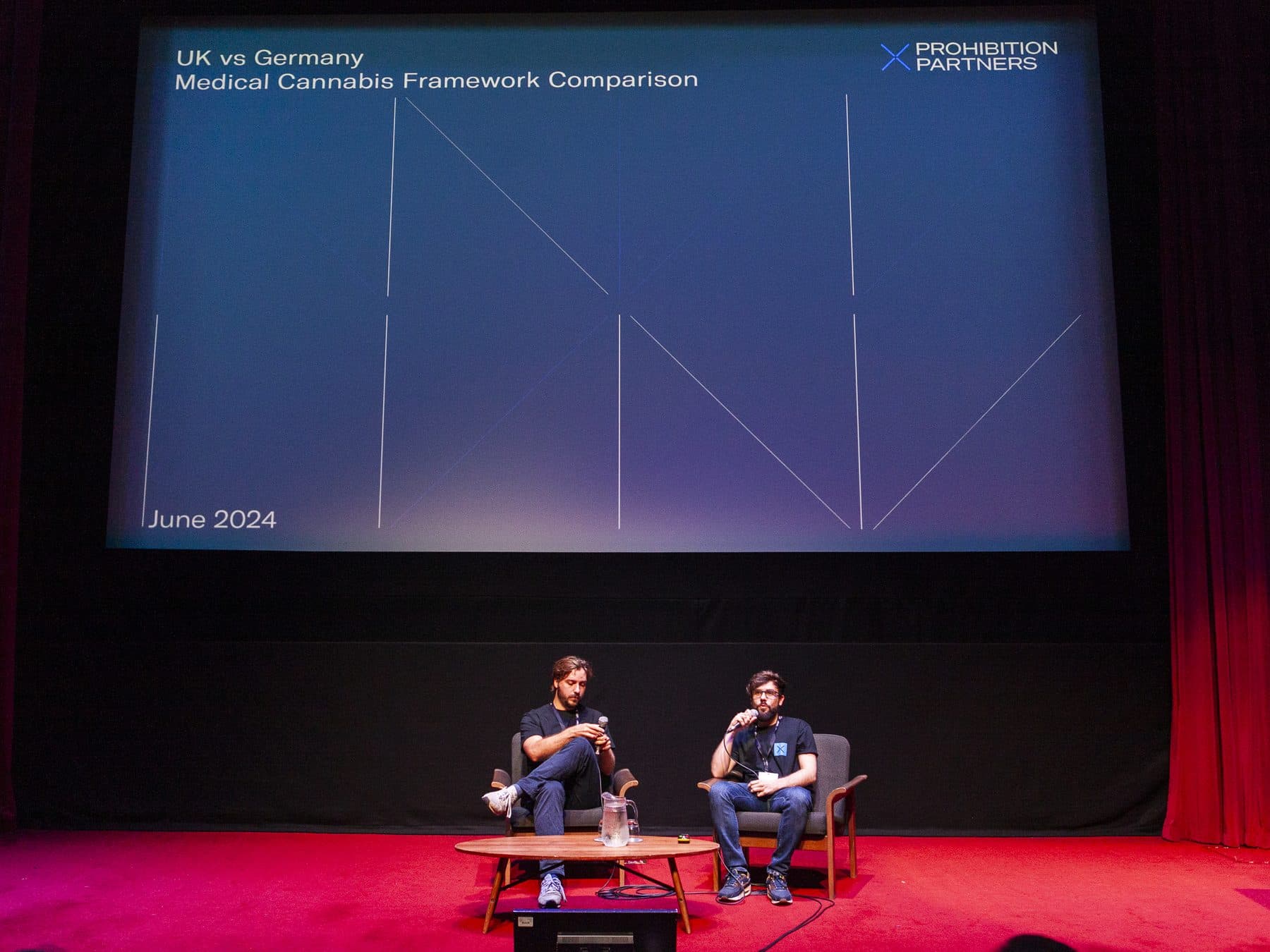 Two Prohibition Partners analysts on stage at Cannabis Europa London 2024, in front of a slide comparing the UK and German medical cannabis frameworks